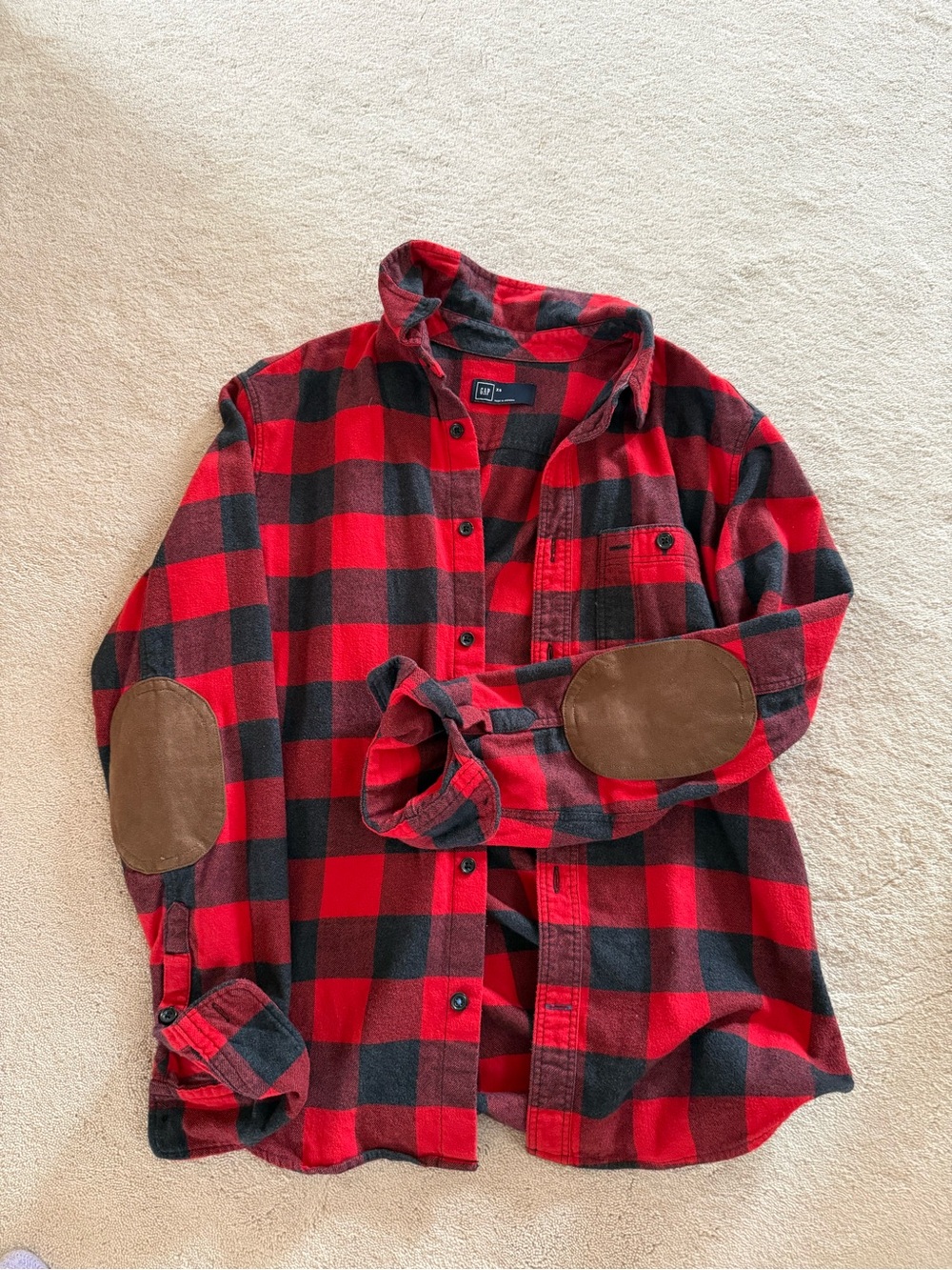 GAP Red and Black Plaid Button-Up Shirt with Brown Elbow Patches